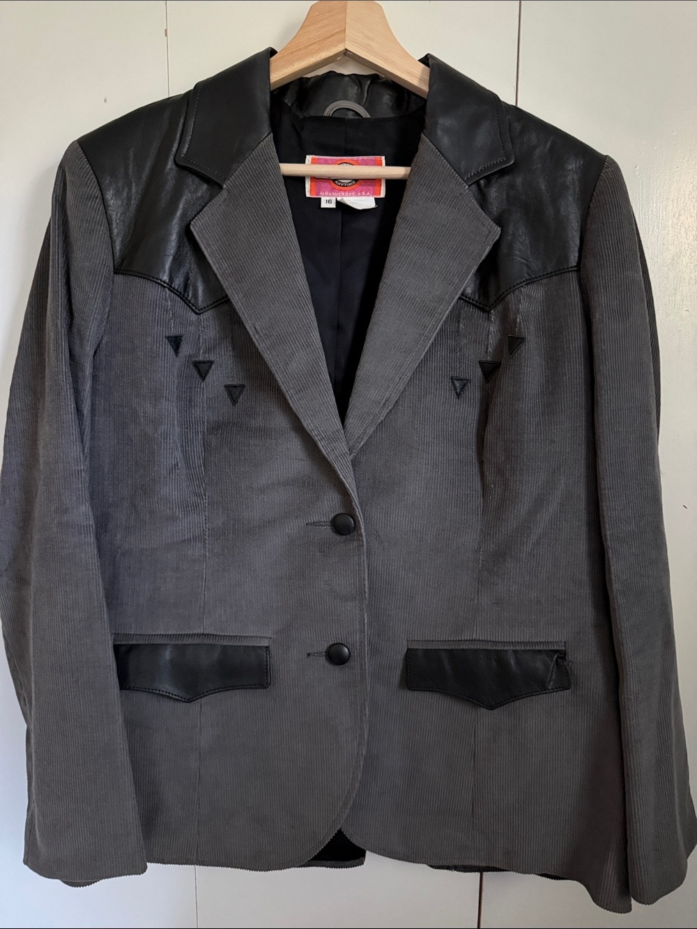 VINTAGE 90s Y2K Gray Corduroy Blazer Black Leather Yoke Western Southwest Cowboy